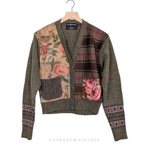 Vintage Ralph Lauren Cardigan Sweater M Green Patchwork Wool Floral Tweed *Flaw*